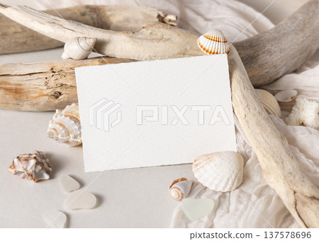 Blank card mockup with seashells and driftwood, coastal wedding and summer event design template Blank card mockup with seashells and driftwood, coastal wedding and summer event design template 137578696