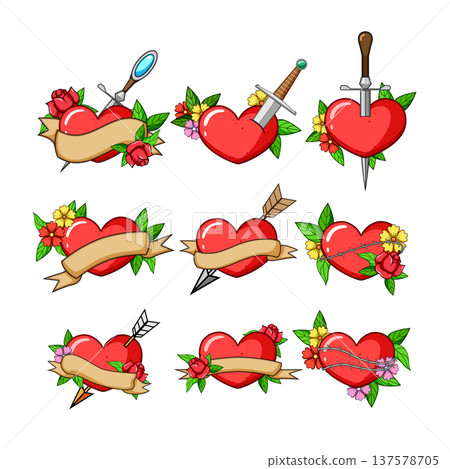 Red heart tattoo designs with arrows and swords Red heart tattoo designs with arrows and swords 137578705