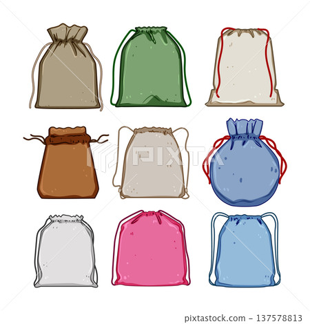 Collection of various colorful drawstring sack bags 137578813