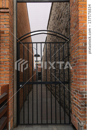 Black metal gates made of wrought iron rods. Black metal gates made of wrought iron rods. 137578834