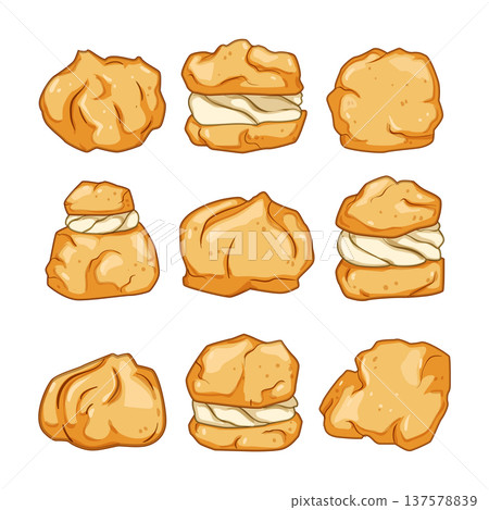 Cream puffs displaying different shapes and sweet fillings Cream puffs displaying different shapes and sweet fillings 137578839