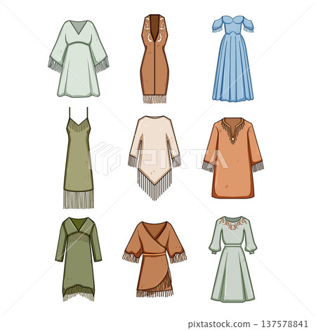 Collection of women's fringed clothing styles Collection of women's fringed clothing styles 137578841