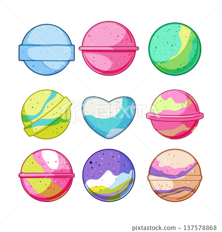 Colorful bath bomb collection in various shapes and designs 137578868