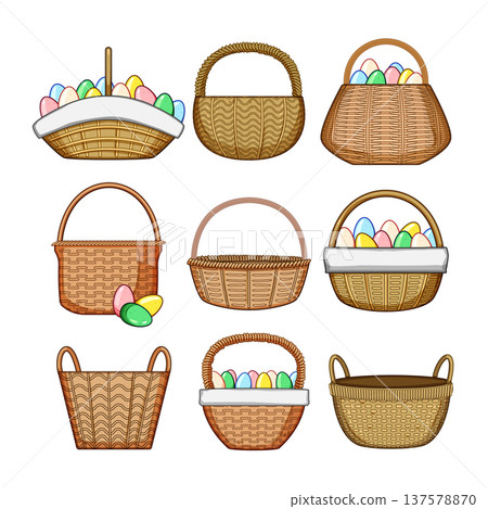 Collection of wicker baskets with colorful easter eggs Collection of wicker baskets with colorful easter eggs 137578870