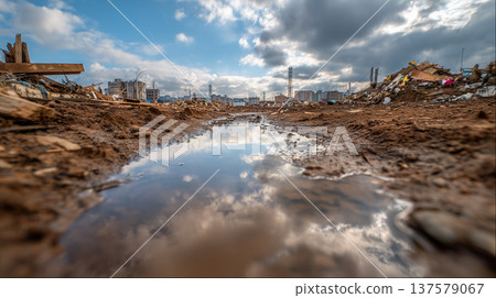 Urban demolition site with rubble debris and puddle reflecting cloudy sky environmental destruction concept 137579067
