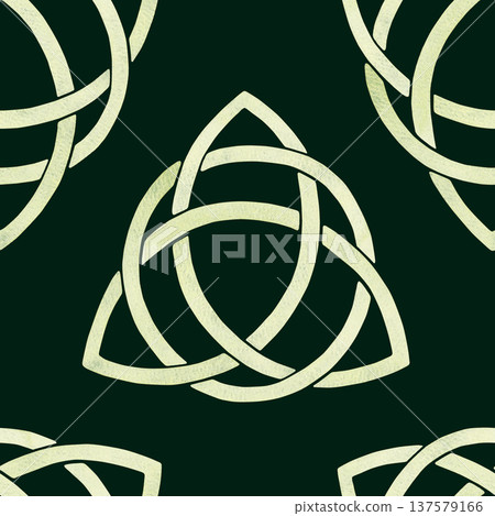Green celtic Trinity Knot within a circle,in a single watercolor tone with paper texture in seamless pattern.Symbolic St.Patricks Day emblem for Irish heritage branding,national,cultural art projects Green celtic Trinity Knot within a circle,in a single watercolor tone with paper texture in seamless pattern.Symbolic St.Patricks Day emblem for Irish heritage branding,national,cultural art projects 137579166