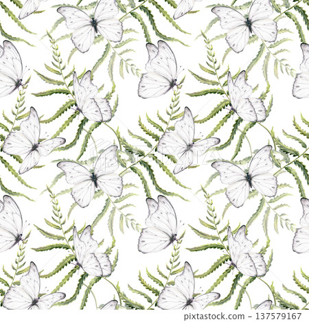 Delicate fern leaves in seamless pattern,echoing enchanted forests,Celtic heritage,white butterfly,untouched nature.Soft watercolor for eco branding,ancestral storytelling,mythical woodland themes 137579167