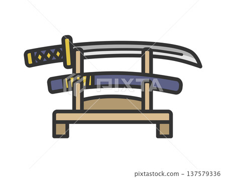 一幅描繪日本刀劍及刀鞘圖示的插圖（線條描彩色），展示於刀架上。 137579336