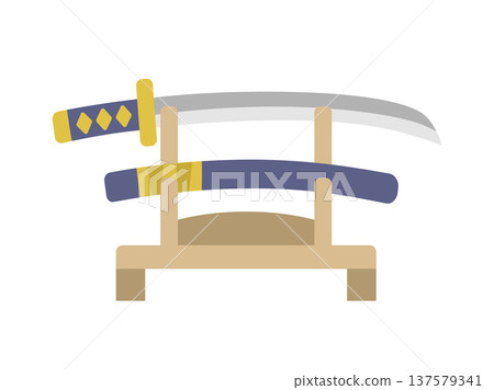 An illustration of a Japanese sword and sheath icon displayed on a sword stand 137579341