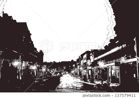 Urban street at night retro illustration line art style Urban street at night retro illustration line art style 137579411
