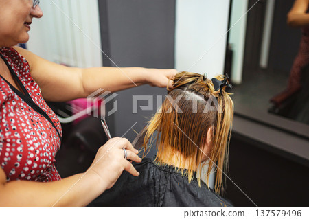 Hairdresser cutting client's wet blonde hair at salon Hairdresser cutting client's wet blonde hair at salon 137579496