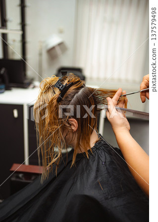 Hairdresser cutting wet hair of female client in salon Hairdresser cutting wet hair of female client in salon 137579498