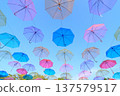 Colorful vinyl umbrellas hanging in the sky Colorful umbrellas 137579517