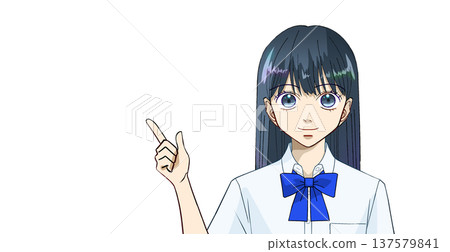 Anime-style illustration of a high school or junior high school girl in summer clothes giving an explanation, guidance, or introduction, white background 137579841