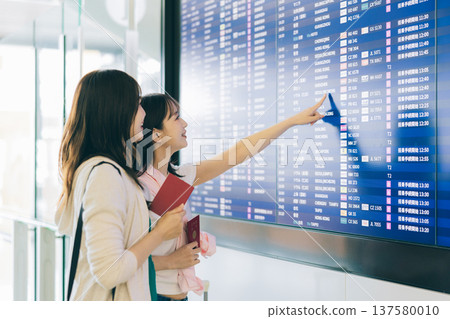 兩名女子正在觀看機場的電子顯示器。 （圖片由關西國際機場（KIX）提供） 137580010