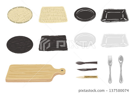 Complete set of tableware, cutlery, cutting board and colander Complete set of tableware, cutlery, cutting board and colander 137580074