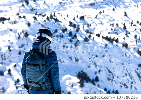 Male skier enjoying snowy mountain scenery 137580210