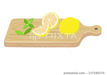 手繪插圖，描繪了砧板上的檸檬和薄荷葉。 137580270