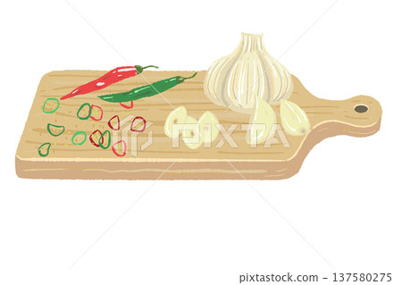 Hand-drawn illustration of chili peppers and garlic on a cutting board Hand-drawn illustration of chili peppers and garlic on a cutting board 137580275
