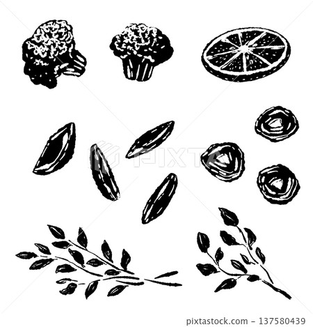 Monochrome silhouette of steak garnish vegetable set Monochrome silhouette of steak garnish vegetable set 137580439