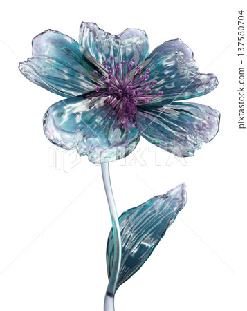Glass Flower Sculpture in Blue and Purple Tones, Translucent Decorative Botanical Art on White Glass Flower Sculpture in Blue and Purple Tones, Translucent Decorative Botanical Art on White 137580704