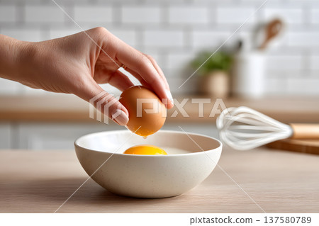 Egg hand kitchen bowl yolk shell breakfast cooking white whisk fresh egg hand holding brown egg over ceramic bowl with cracked yolk in bright home kitchen interior for breakfast cooking concept 137580789