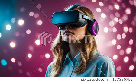 Young Caucasian Woman Using Virtual Reality Headset with Neon Lights 137580792