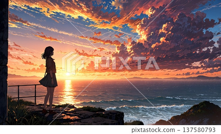 Woman Standing on Cliff Watching Sunset Over Ocean 137580793
