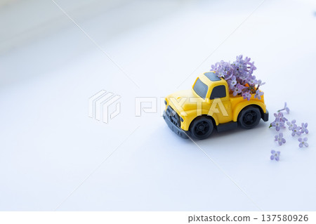 Yellow pickup retro toy car delivering bouquet of lilac flowers.  137580926