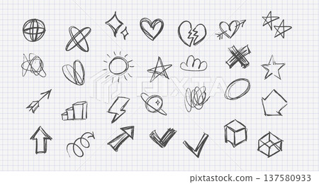 Hand drawn universal icon set on notebook paper. Rough pencil sketches of hearts, stars, arrows, check marks, cross and sun. Messy doodle scribble shapes for planner, social media and web design. 137580933
