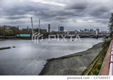 View of river Thames and Chelsea Bridge, London, England, UK 137580957