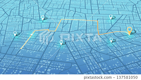 Isometric city map with orange navigation route and multiple location pins. Vector illustration. 137581050