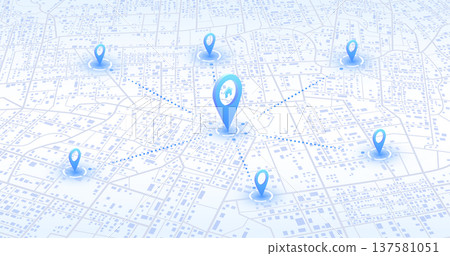 Isometric city map with central home pin and connected location markers. Vector illustration. Isometric city map with central home pin and connected location markers. Vector illustration. 137581051