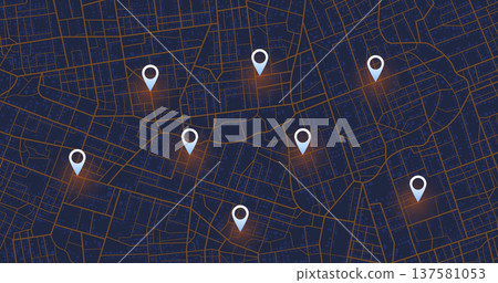 Multiple destinations. Gps tracking map. Track navigation pins on street maps, navigate mapping technology and locate position pin. Futuristic travel gps map or location navigator vector illustration 137581053