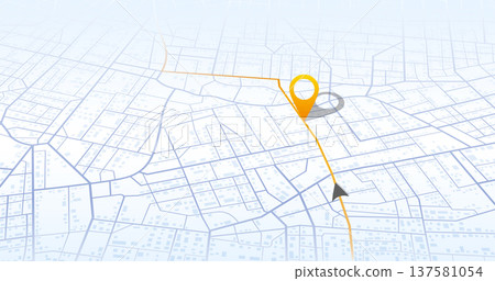 Isometric city map featuring yellow navigation route and large location pin on street grid background. Vector illustration. Isometric city map featuring yellow navigation route and large location pin on street grid background. Vector illustration. 137581054