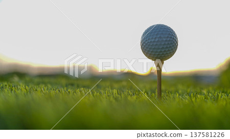 Golf clubs and balls on a green lawn in a beautiful golf course with morning sunshine. 137581226