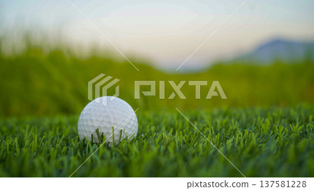 Golf ball on green grass in the evening golf course with sunshine background. Golf ball on green grass in the evening golf course with sunshine background. 137581228
