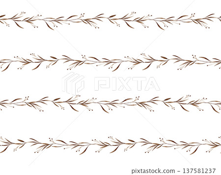 Watercolor seamless ornament with horizontal stripes with brown flowers with leaves. Hand drawn illustration repeat pattern with plants on isolated background. Border with branches with round buds. Watercolor seamless ornament with horizontal stripes with brown flowers with leaves. Hand drawn illustration repeat pattern with plants on isolated background. Border with branches with round buds. 137581237