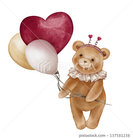 Watercolor Cute Teddy Bear Holding Balloon shape pink heart. Valentine Brown bear toy with vintage Jabot collar. Illustration hand drawn in retro style on isolated background for design greeting cards Watercolor Cute Teddy Bear Holding Balloon shape pink heart. Valentine Brown bear toy with vintage Jabot collar. Illustration hand drawn in retro style on isolated background for design greeting cards 137581238