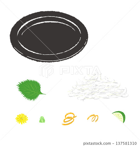 刺身裝飾（檸檬）和黑色餐盤套裝（成品擺盤） 137581310