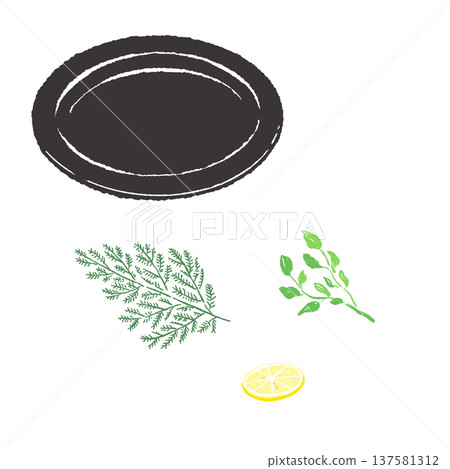 Garnished with herbs and lemon and served on a black plate (finished presentation) Garnished with herbs and lemon and served on a black plate (finished presentation) 137581312