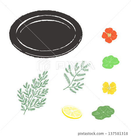A set of herbs and nasturtiums garnished with a black plate (finished presentation) A set of herbs and nasturtiums garnished with a black plate (finished presentation) 137581318