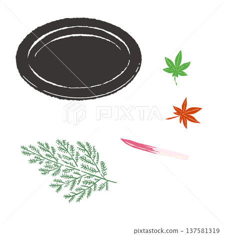 A set of hinoki wood, maple leaves, and scallions on a black plate (finished arrangement) A set of hinoki wood, maple leaves, and scallions on a black plate (finished arrangement) 137581319