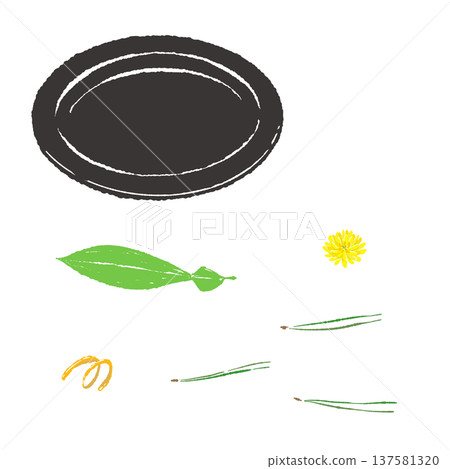 A set of bamboo leaves, chrysanthemums, and yuzu peel garnishes on a black plate (finished arrangement) A set of bamboo leaves, chrysanthemums, and yuzu peel garnishes on a black plate (finished arrangement) 137581320
