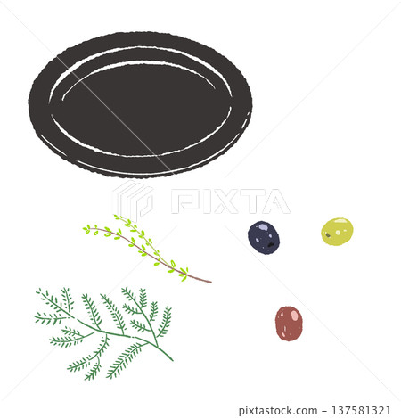 Olive and herb garnish and black plate set (finished presentation) Olive and herb garnish and black plate set (finished presentation) 137581321