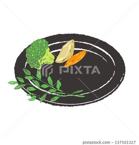 Steak with garnish vegetables and black plate set (finished presentation) 137581327