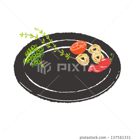 Garnished with herbs, tomatoes, and garlic, and served on a black plate (finished presentation) Garnished with herbs, tomatoes, and garlic, and served on a black plate (finished presentation) 137581331