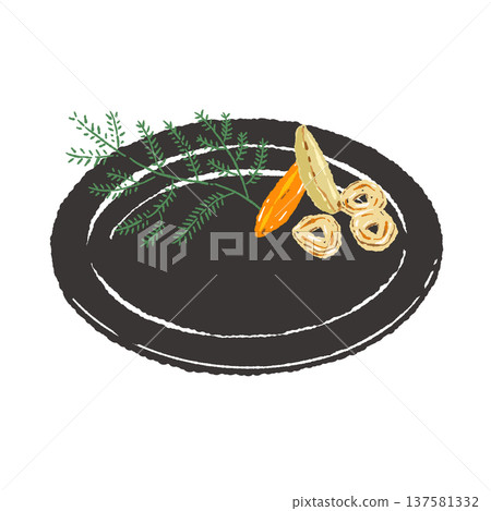 用香草和蒜片點綴,盛於黑色盤子中(成品擺盤) 用香草和蒜片點綴,盛於黑色盤子中(成品擺盤) 137581332