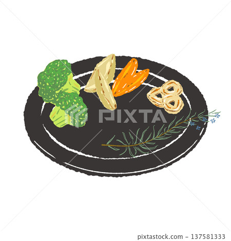 西蘭花和馬鈴薯排配以黑色盤子上的裝飾(成品擺盤) 西蘭花和馬鈴薯排配以黑色盤子上的裝飾(成品擺盤) 137581333