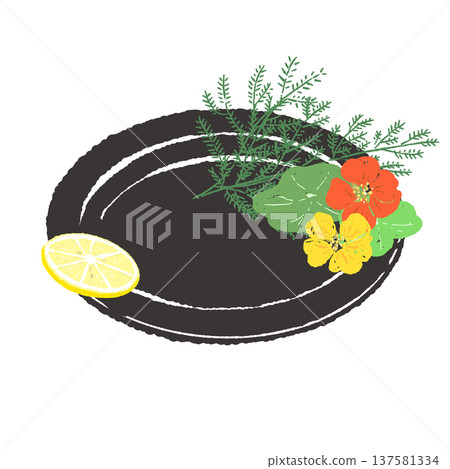 A set of herbs and nasturtiums garnished with a black plate (finished presentation) A set of herbs and nasturtiums garnished with a black plate (finished presentation) 137581334